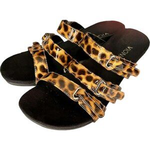 Vionic Vegan Leopard Park Wedge Triple Strap Sandal - 7 WIDE